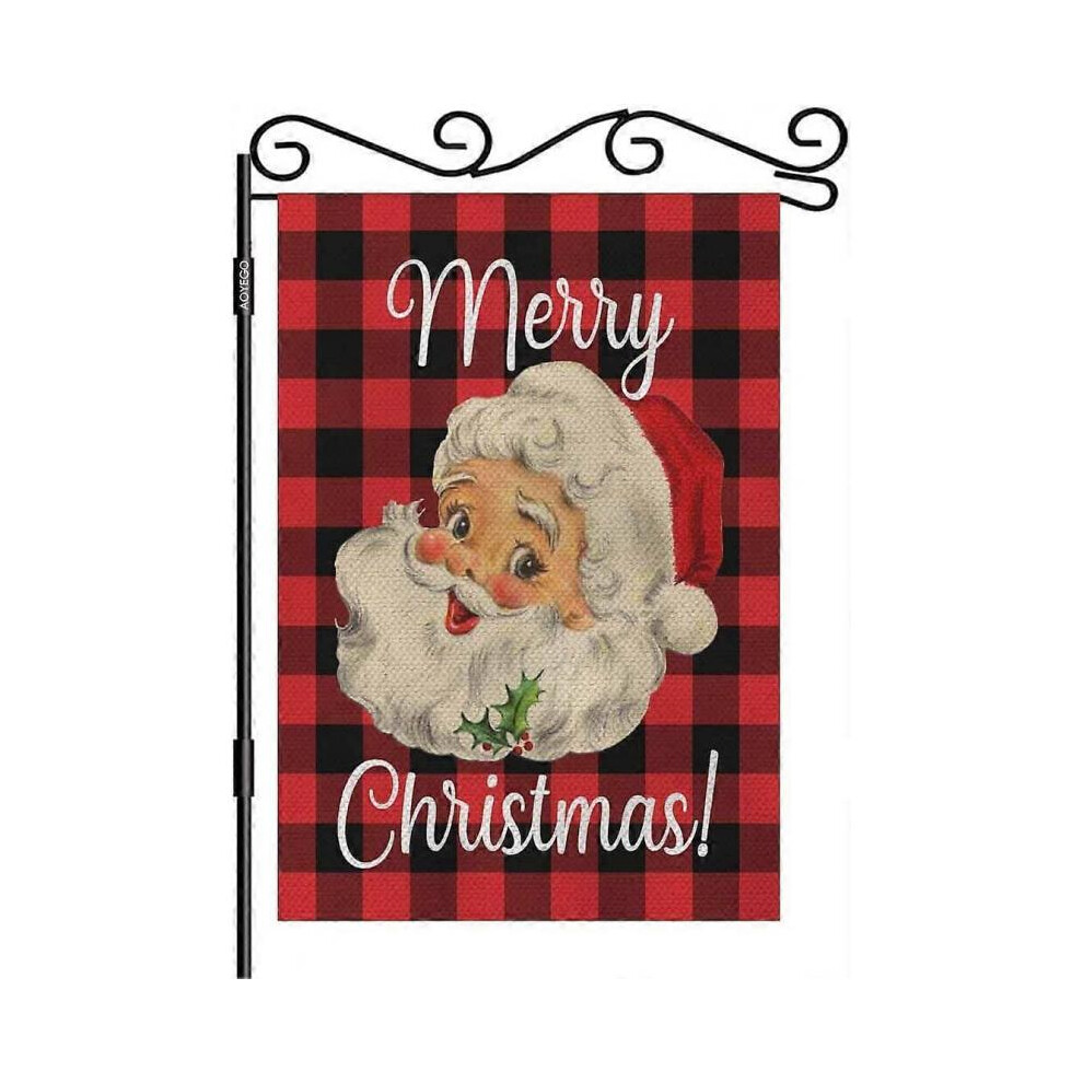 Drapeau de jardin Joyeux Noël Double Face Polyester Père Noël Rouge Noir Buffalo Plaid Tartan Maison à carreaux