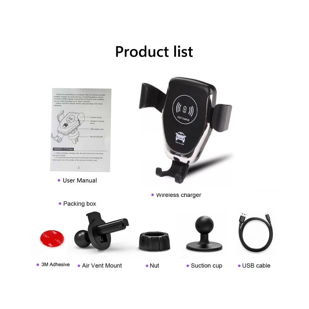 (Black) 15W Wireless Fast Car Charger For Iphone 13 12 11 Pro Xs Max Xr X Samsung S10 S9 S20 Wireless Black 9319708979220