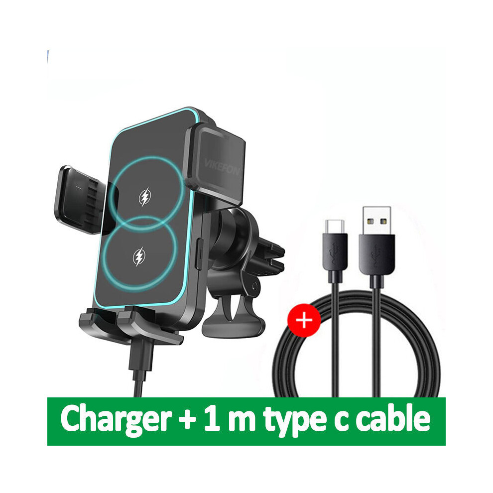 (Black) 15W Dual Coil Wireless Car Charger Automatic Phone Holder Stand Induction Fast Charging Black 9319708979855