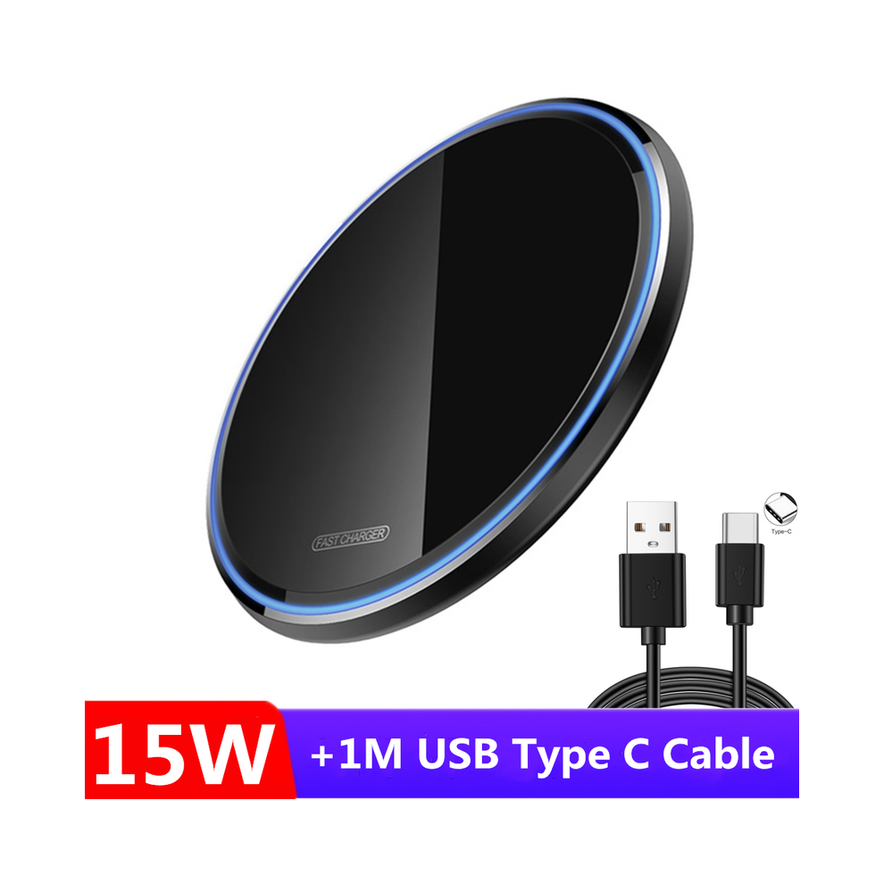 (15W With Cable) 15W 10W Wireless Charger Plate Metal Glass Mirror Samsung S20 S21 Ultra Note Black 9319708982657