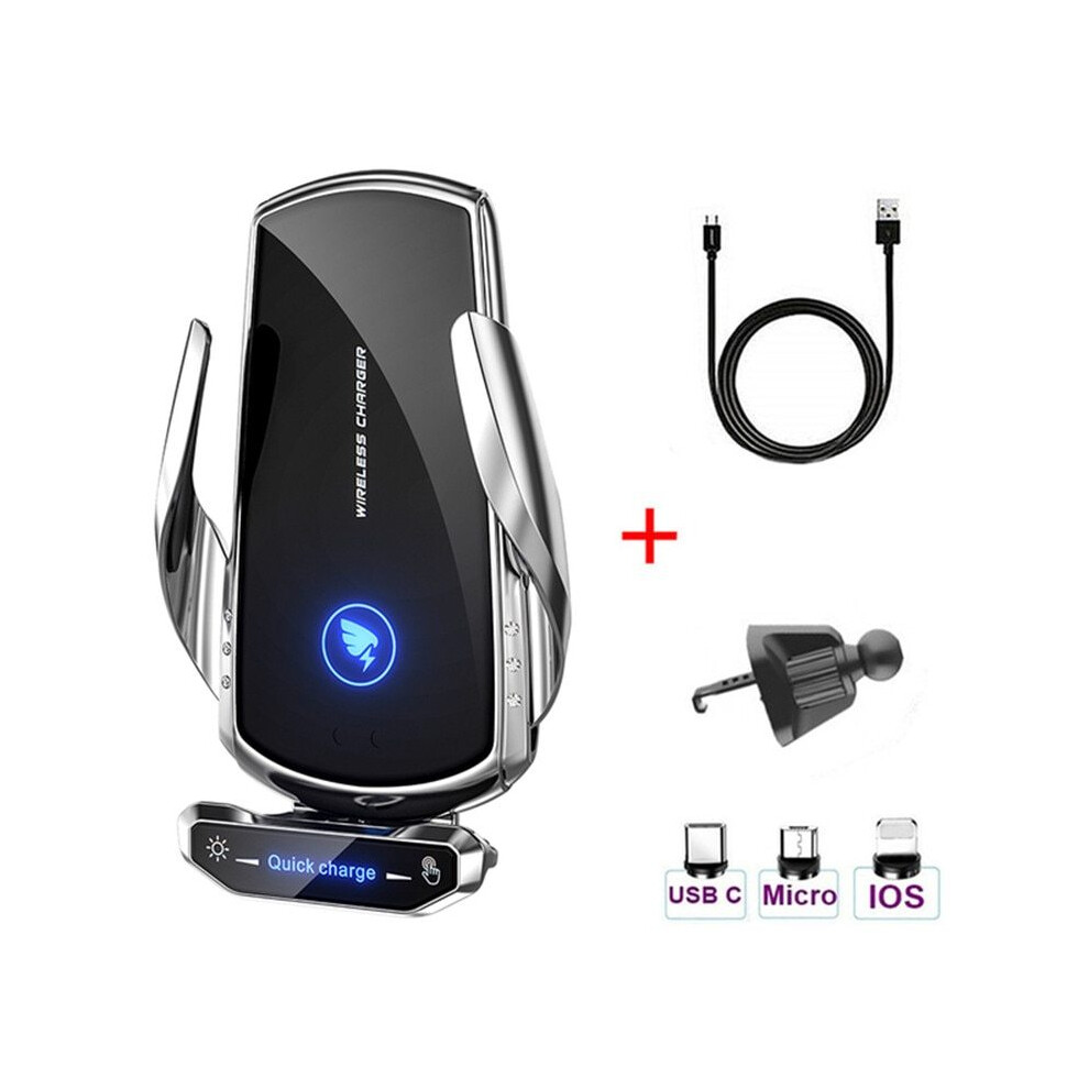 (Silver) Wireless Charger Car Phone Holder 15W Fast Charging Station For Iphone Xiaomi Samsung Huawei Silver 9319708984248