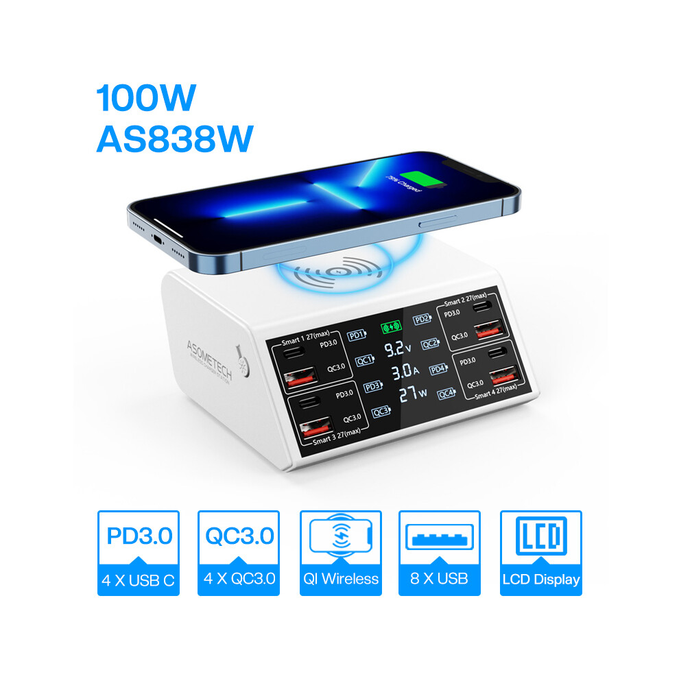 (As838w Whiteeu Plug)100W Usb C Fast Charger Station, 4 Qc3.0 + 4 Pd3.0 Pps + Wireless Charging, 9 In 9319708984644