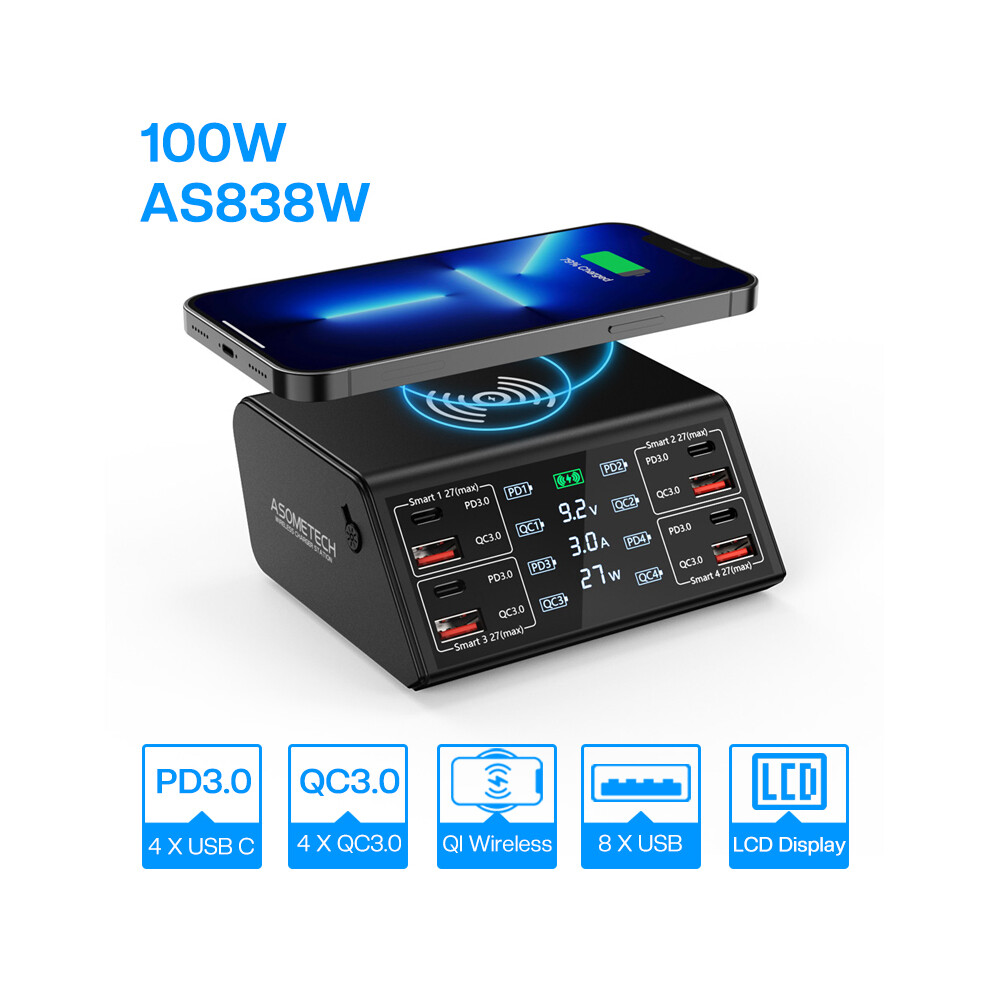 (As838w Blackeu Plug)100W Usb C Fast Charger Station, 4 Qc3.0 + 4 Pd3.0 Pps + Wireless Charging, 9 In 9319708984613