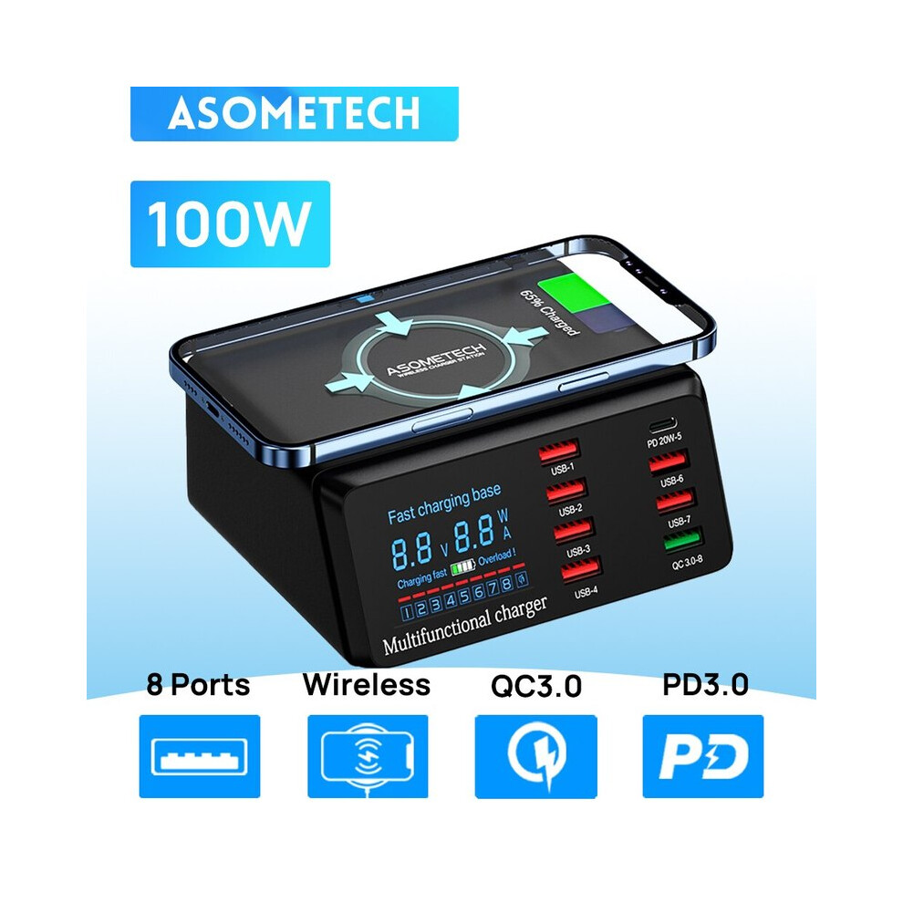 (Kr 60W With Pd Cable) 100W 8-Port Usb Charger Station With Wireless Charging Digital Display 9319708984842