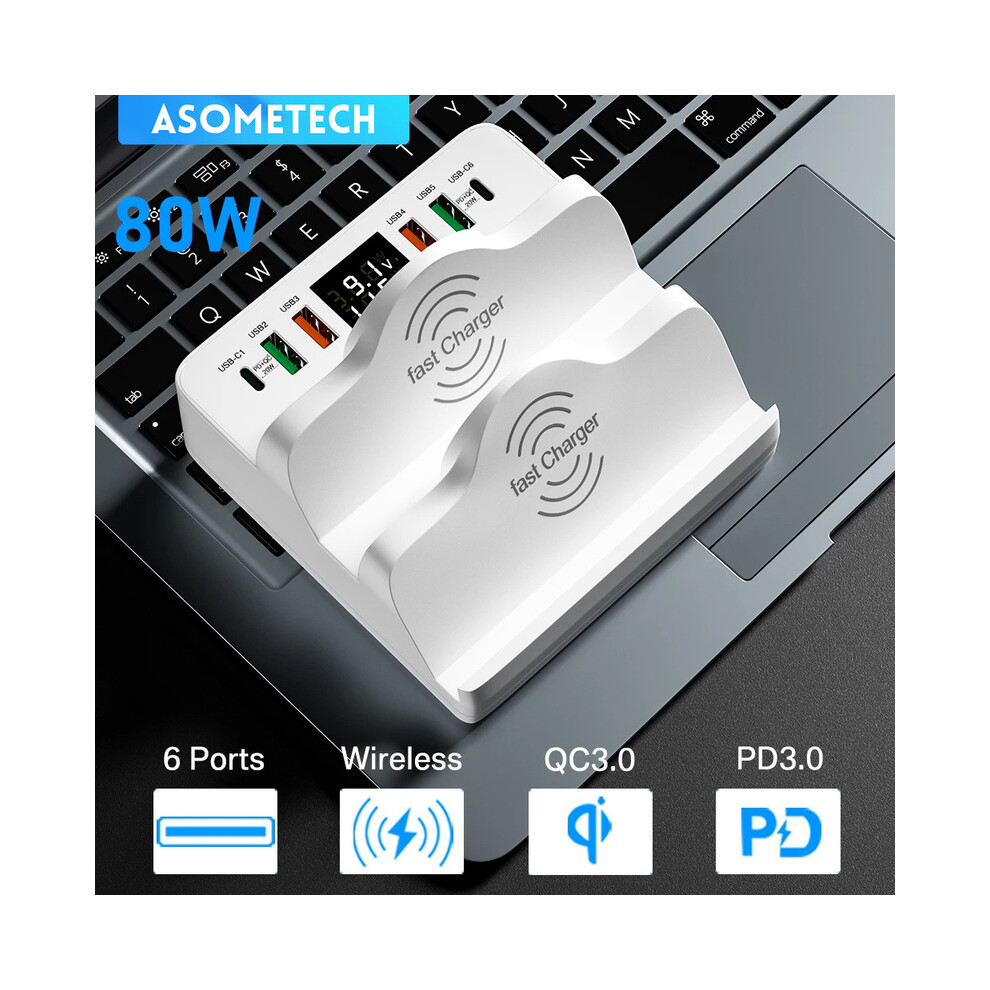 (Us Plug) 80W Usb Charging Station, Usb Charger Quick Charge, 15W Qi Wireless Charger 20W Pd Multi-Charger 9319708990560