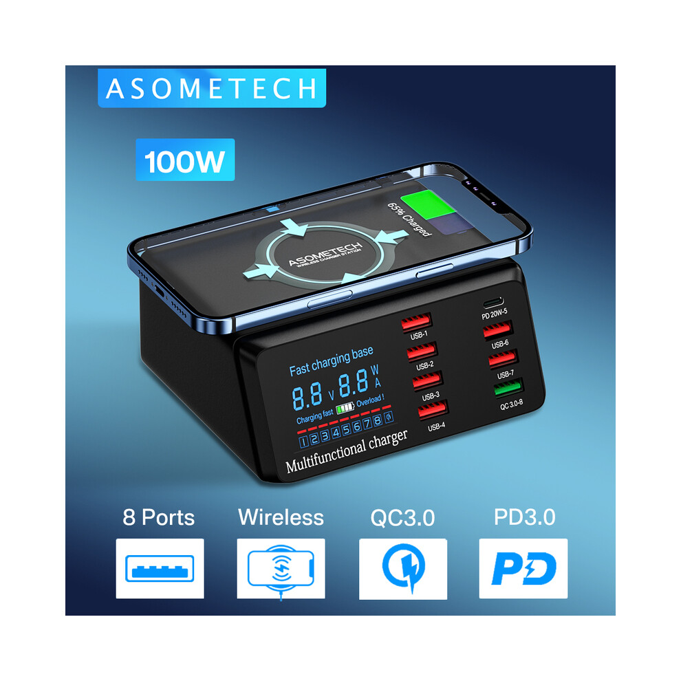 (AU Plug) 100W 8-Port USB Charger Quick Charge 3.0 Adapter HUB Wireless Charger Charging Station PD-image-OPC-PH7Y9G6-NEW