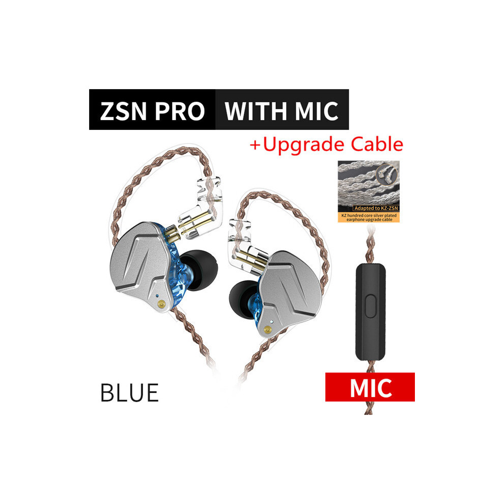 ( With Microphone Silver)Kz Zsn Pro 1Ba+1Dd Hybrid Technology Hifi Metal Earphones Bass Blue/Silver 9319708994162