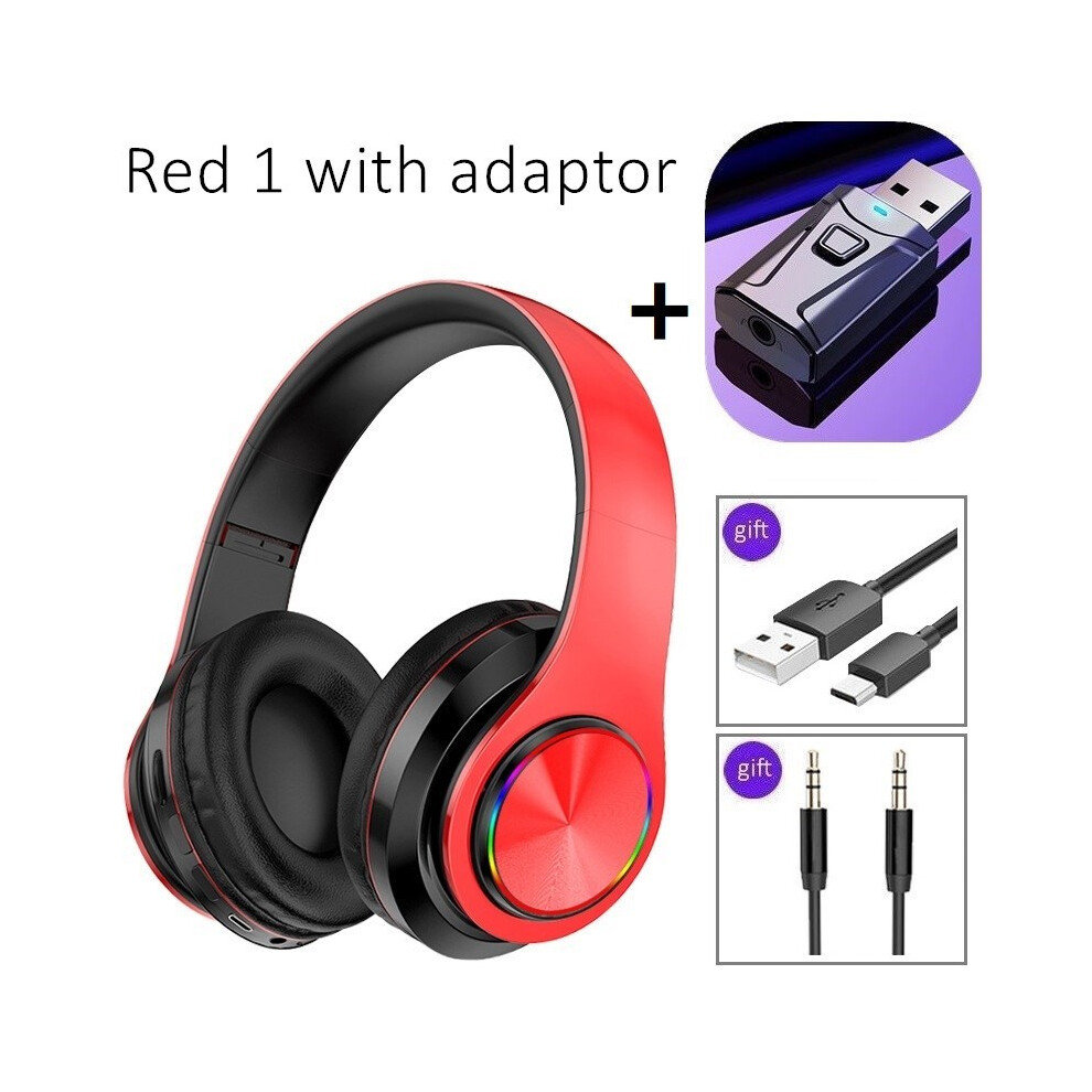 (Red1 With Adapter) Noise-Cancelling Wireless Headphones With Microphone Foldable Bluetooth Headset 9319708995183