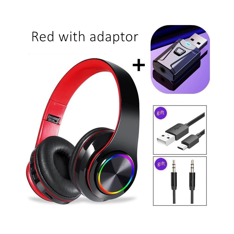 ( With Adapter) Noise-Cancelling Wireless Headphones With Microphone Foldable Bluetooth Headset Red 9319708995206