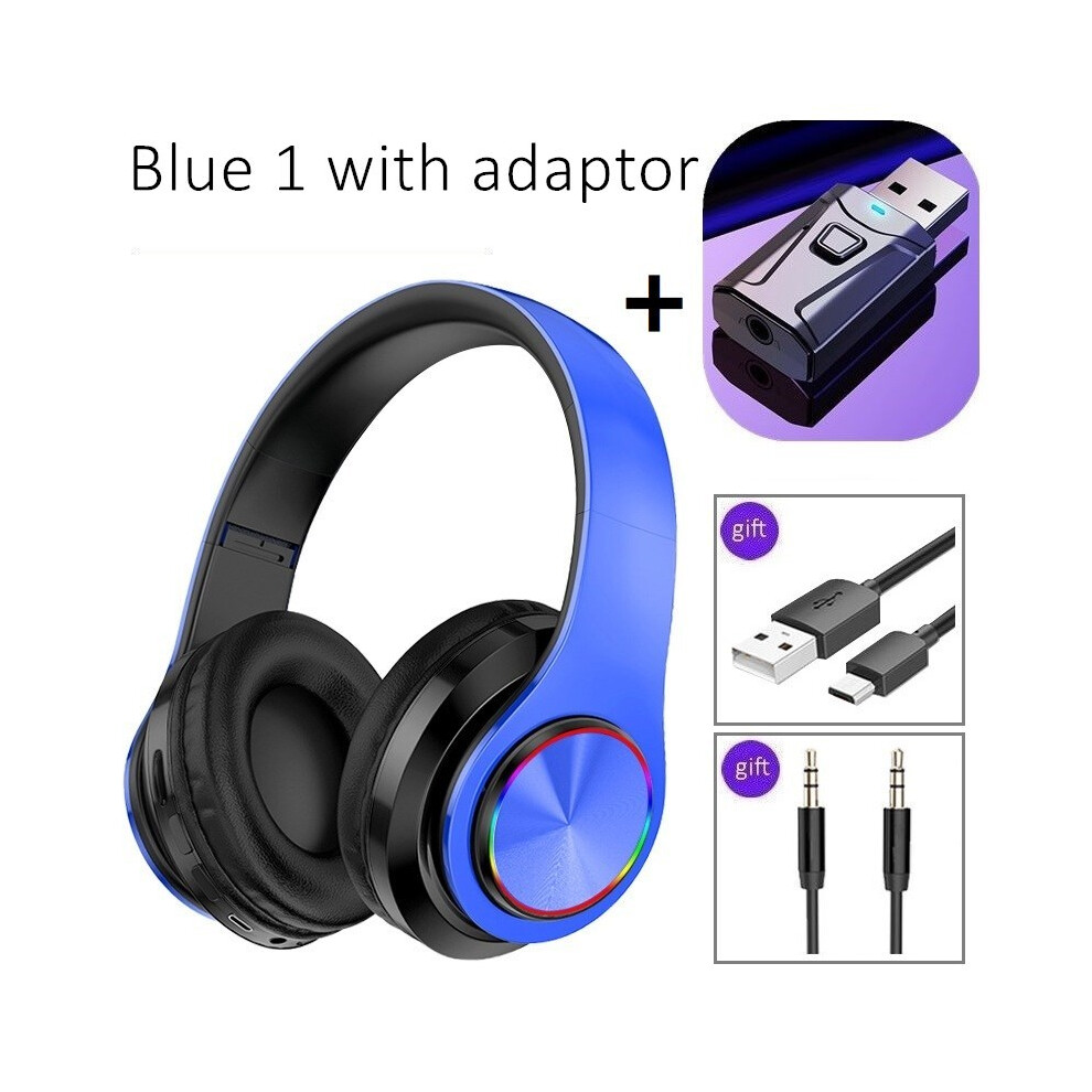 (Blue1 With Adapter) Noise-Cancelling Wireless Headphones With Microphone Foldable Bluetooth Headset 9319708995213