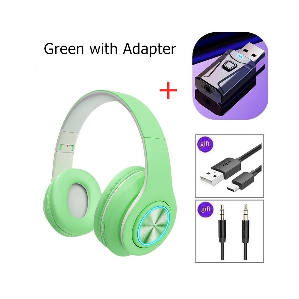 ( With Adapter) Noise-Cancelling Wireless Headphones With Microphone Foldable Bluetooth Headset Green 9319708995237