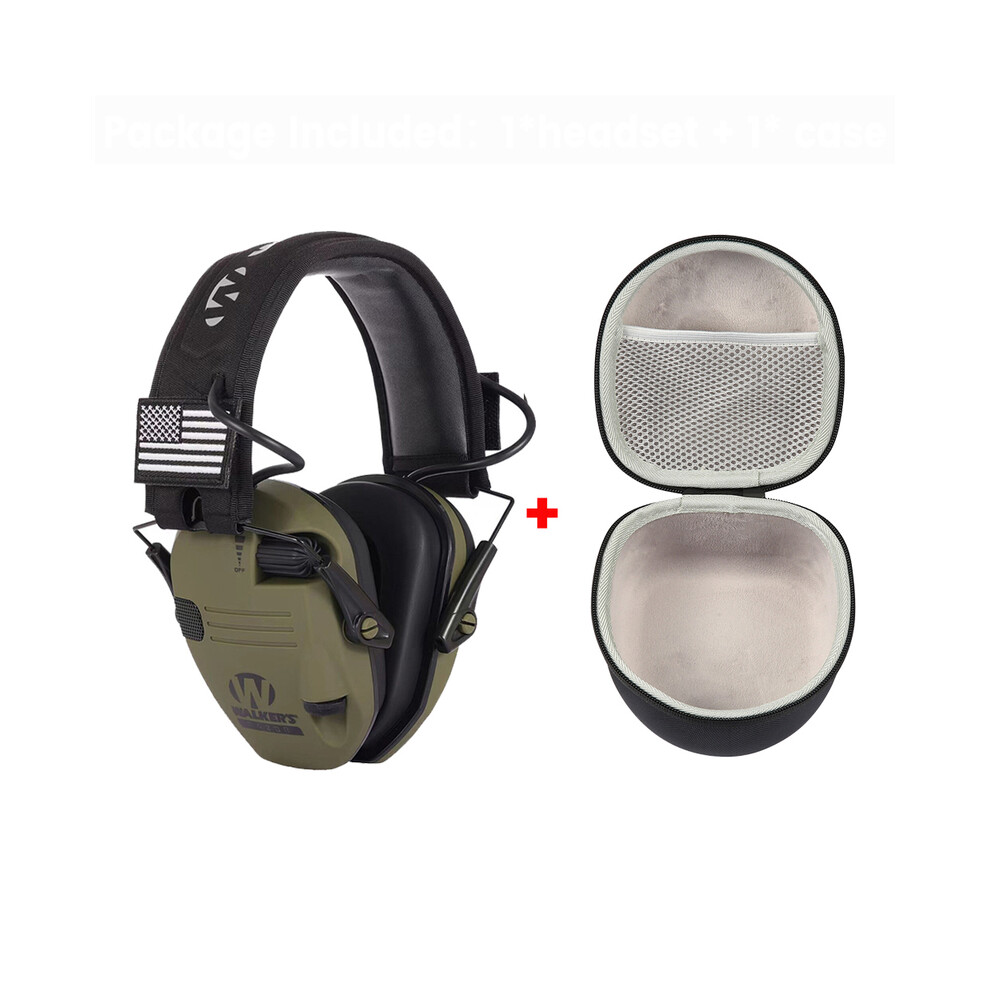 (Green With Case)Electronic Shooting Earmuffs Tactical Headphones Earmuffs Noise Canceling 9319708997194