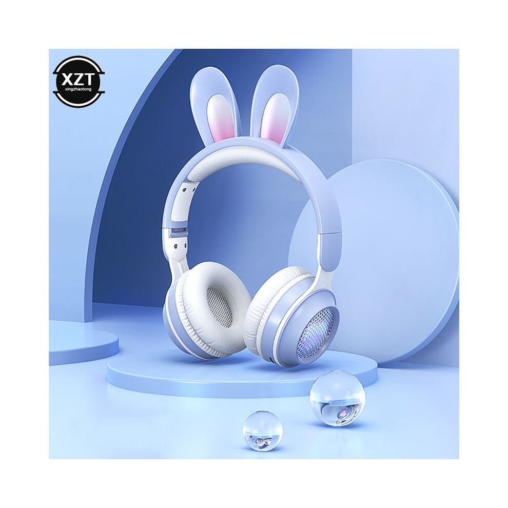 (Blue)New Wireless Headphones Rgb Rabbit Ears Headphone With Mic Cute Girls Music Blue 9319708998276