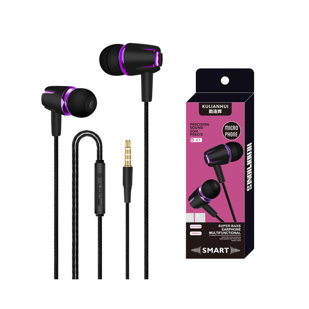 ( Purple)Wired Headphone Electroplating Bass Stereo In-Ear Headphone With Mic Handsfree Calling Black/Purple 9319708998900