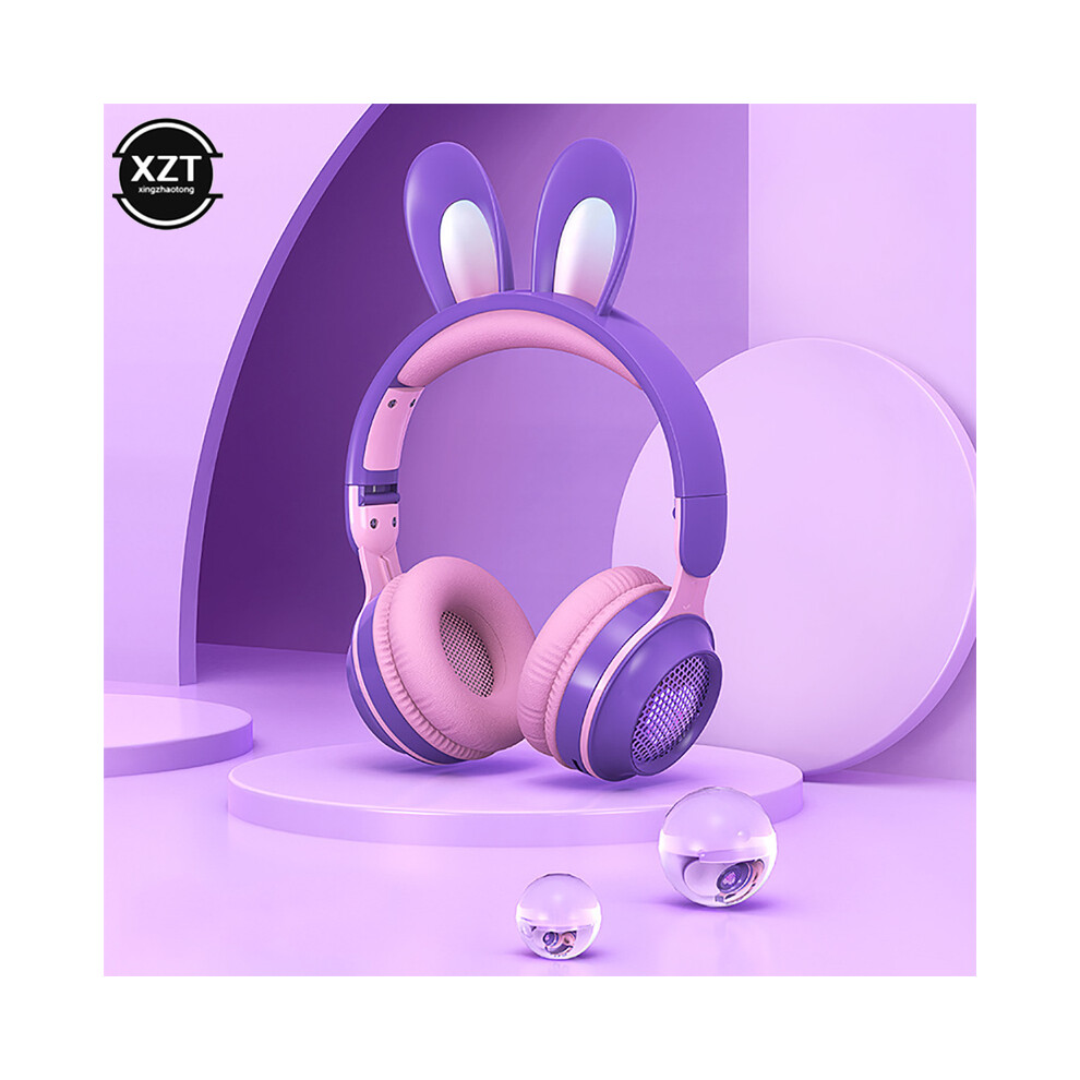 (Violet)New Wireless Headphones Rgb Rabbit Ears Headphone With Mic Cute Girls Music 9319708998290