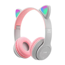 (GRIS) Lindos auriculares inalámbricos con orejas de gato y LED para niños, compatibles con Bluetooth