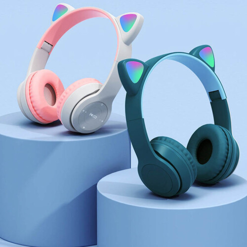 (GRIGIO) Auricolare Bluetooth con orecchie di gatto e LED, compatibile con cuffie wireless per bambini 1