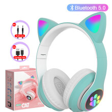 (Green) Flash Light Cute Cat Ears Headphone Bluetooth5.0 Stereo With Microphone TF Card Wireless