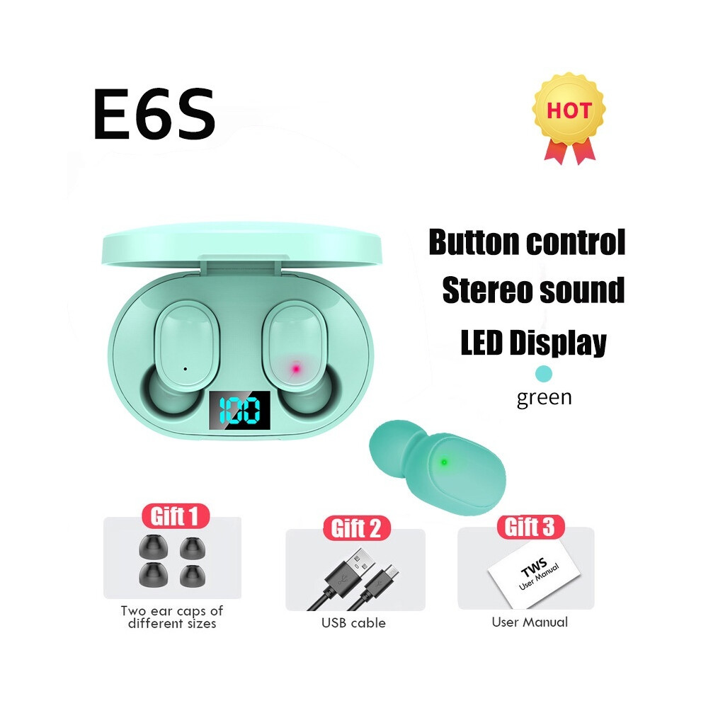 (E6s )Tws E6s Fone Bluetooth Earphones Wireless Headphones Led Display Noise Canceling Earbuds Green 9319708007237