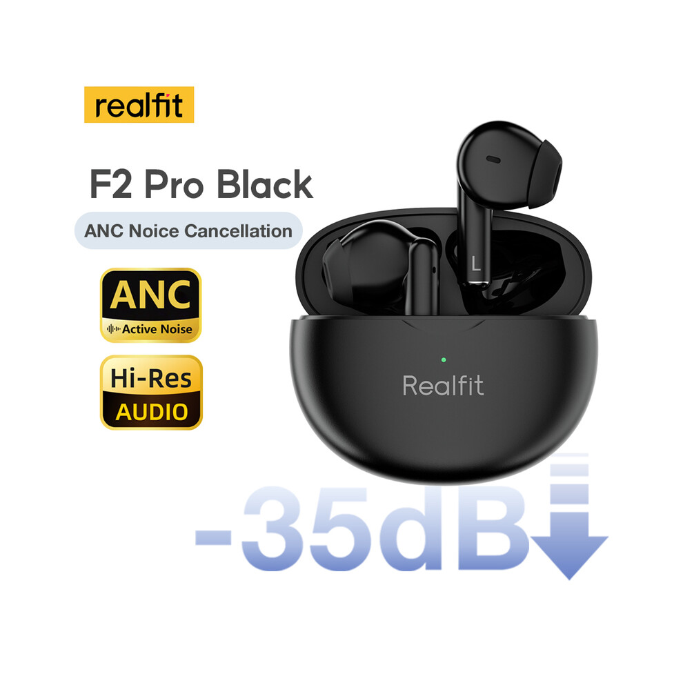 (Black)Realfit F2 Pro Anc Active Noise Canceling Bluetooth Headphone Enc Calls Hifi Stereo Excellent Black 9319708015263