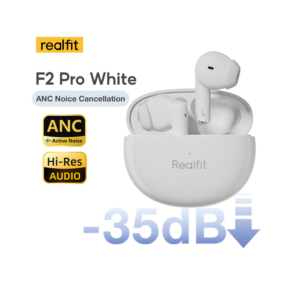 (White)Realfit F2 Pro Anc Active Noise Canceling Bluetooth Headphone Enc Calls Hifi Stereo White 9319708015249