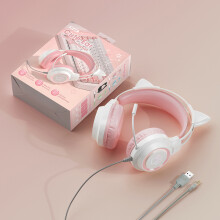 (Pink)Cat Ear Gaming Headset for PC Computer Gaming Headset with Mic Noise Canceling Wire