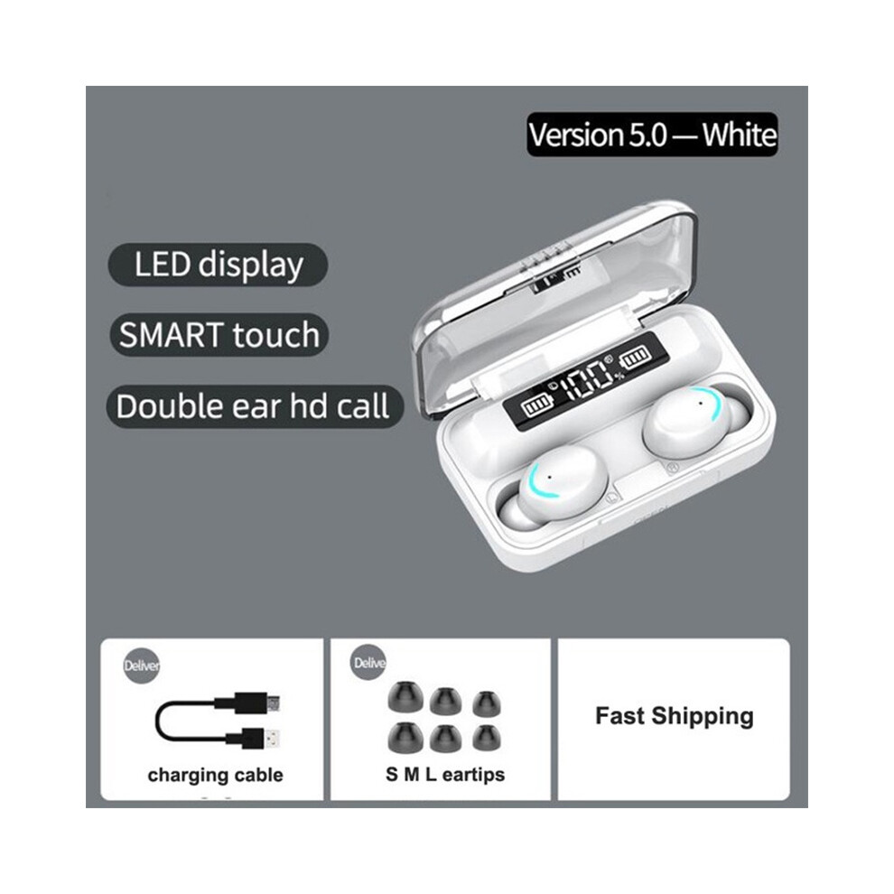 (White)Tws F9 Earphones Bluetooth 5.1 Wireless Headphones Hifi Stereo Sports Waterproof Headphones White 9319708019131