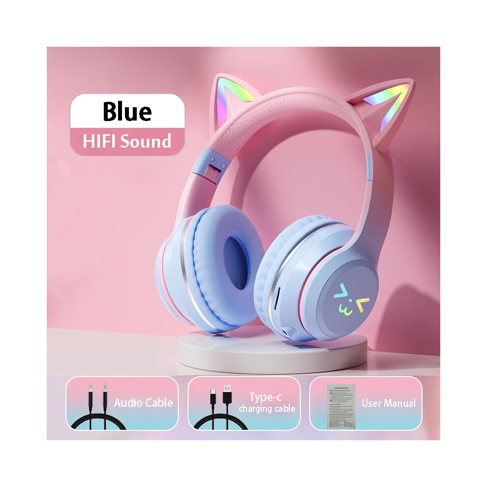 (Blue)Cat Ear Headphones Bluetooth Wireless Music Headphones Gradient Color LED Light-image-OPC-PH7YFWT-NEW