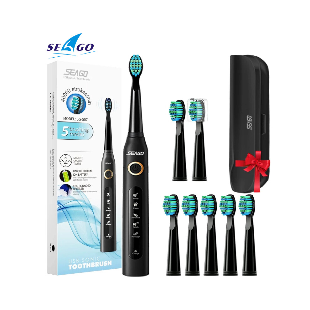 Black (Black)Seago Sonic Electric Toothbrush Sg-507 For Adults Timer Brush 5 Modes Micro Usb Rechargeable