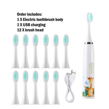 (Bianco 12 testine) Spazzolino elettrico sonico per bambini Cartone animato per bambini, 12 pezzi di