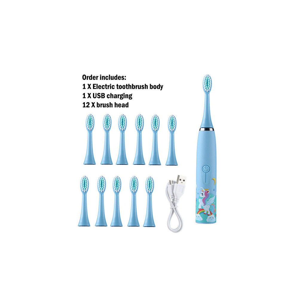 Light/Blue ( 12 Heads) Children's Sonic Electric Toothbrush Cartoon For Children, 12 Replacement Brush