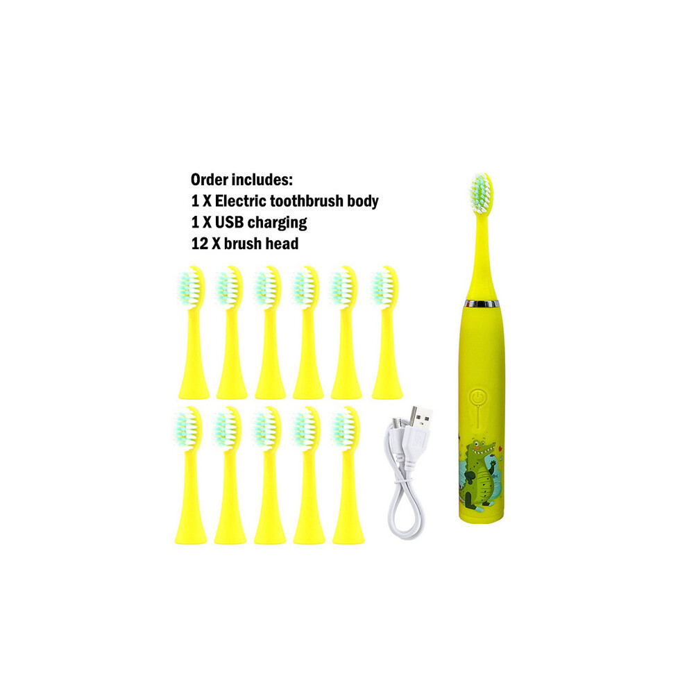 Yellow ( 12 Head) Children's Sonic Electric Toothbrush Cartoon For Children, 12 Pcs Replacement Brush