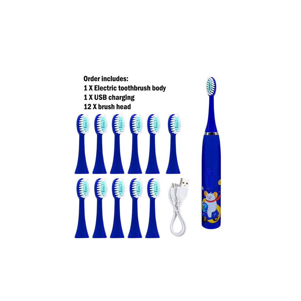 Blue ( 12 Head) Children's Sonic Electric Toothbrush Cartoon For Children, 12 Pcs Replacement Brush Head,
