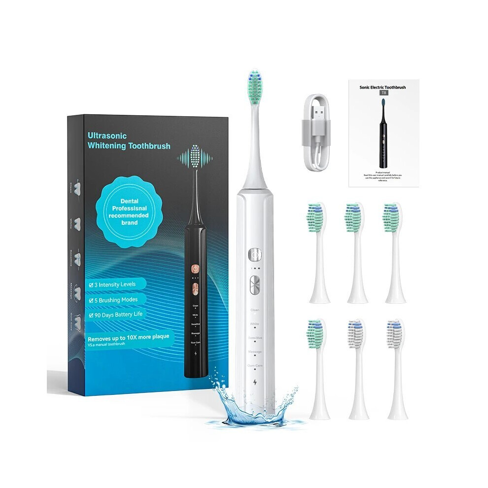 White/Black (T8-)T8 Ultrasonic Sonic Electric Toothbrush Waterproof Toothbrush Ipx7 5 Modes + 3 Levels