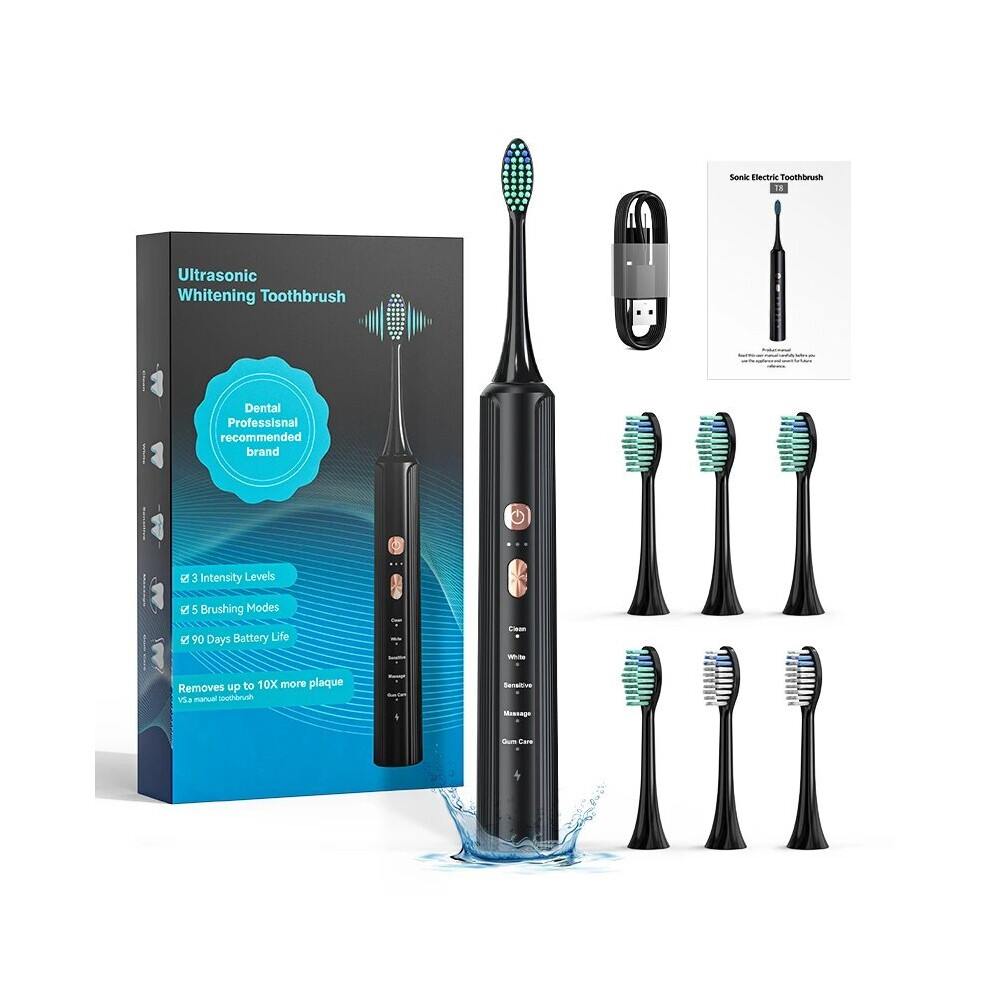 Black (T8-)T8 Ultrasonic Sonic Electric Toothbrush Waterproof Toothbrush Ipx7 5 Modes + 3 Levels