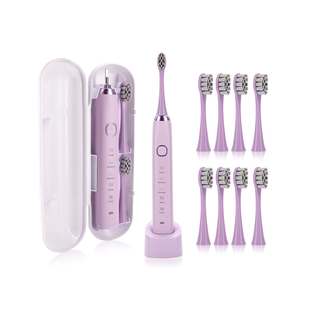 Purple ( 8 Heads)Smart Sonic Electric Toothbrush Ultrasound Ipx7 Rechargeable Toothbrush 5 Mode Smart