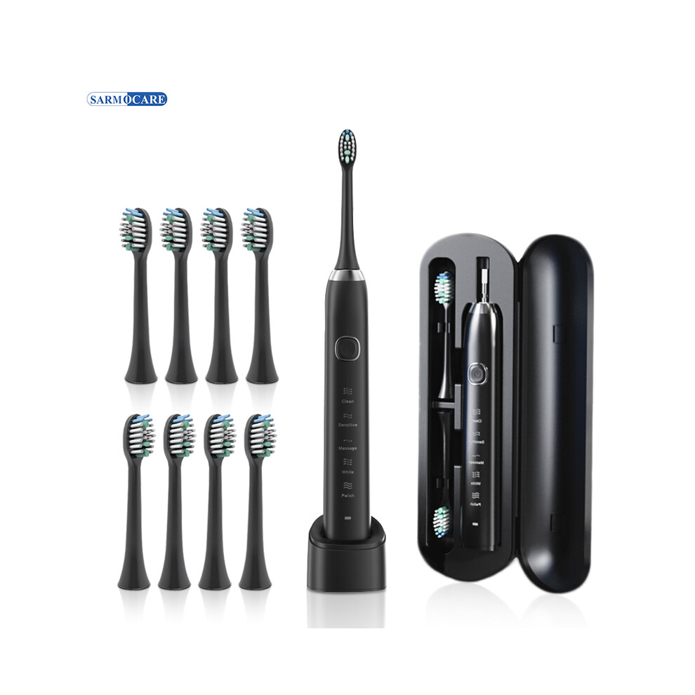 Black ( 8 Heads) Smart Sonic Electric Toothbrush Ultrasound Ipx7 Rechargeable Toothbrush 5 Mode Smart