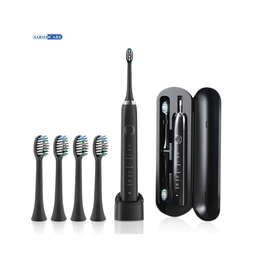 Black ( 4 Heads) Electric Sonic Toothbrush 8 Brush Heads Smart Ultrasonic Teeth Whitening Rechargeable
