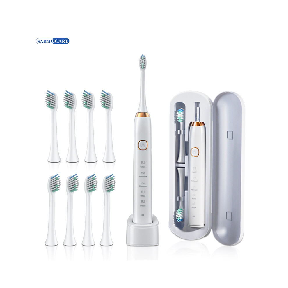 White ( 8 Heads) Smart Sonic Electric Toothbrush Ultrasound Ipx7 Rechargeable Toothbrush 5 Mode Smart