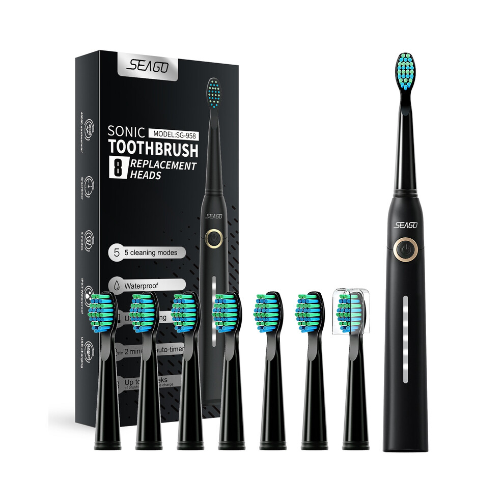 (958Hei-8pcs)SEAGO Couple Rechargeable Electric Toothbrush Sonic Toothbrush Travel Box Ultrasonic Replace
