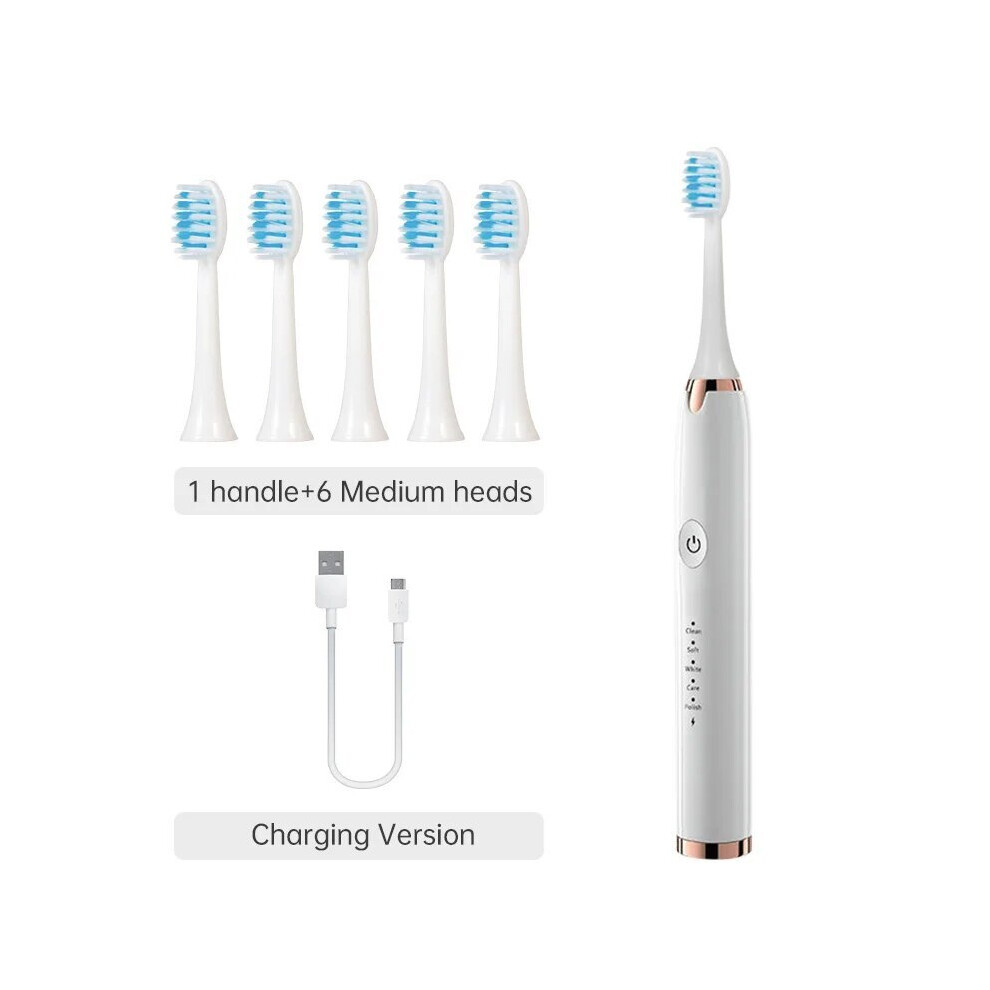 White (, 6 Heads)Tongwode Electric Sonic Toothbrush Usb Rechargeable Waterproof Electronic Ultrasonic