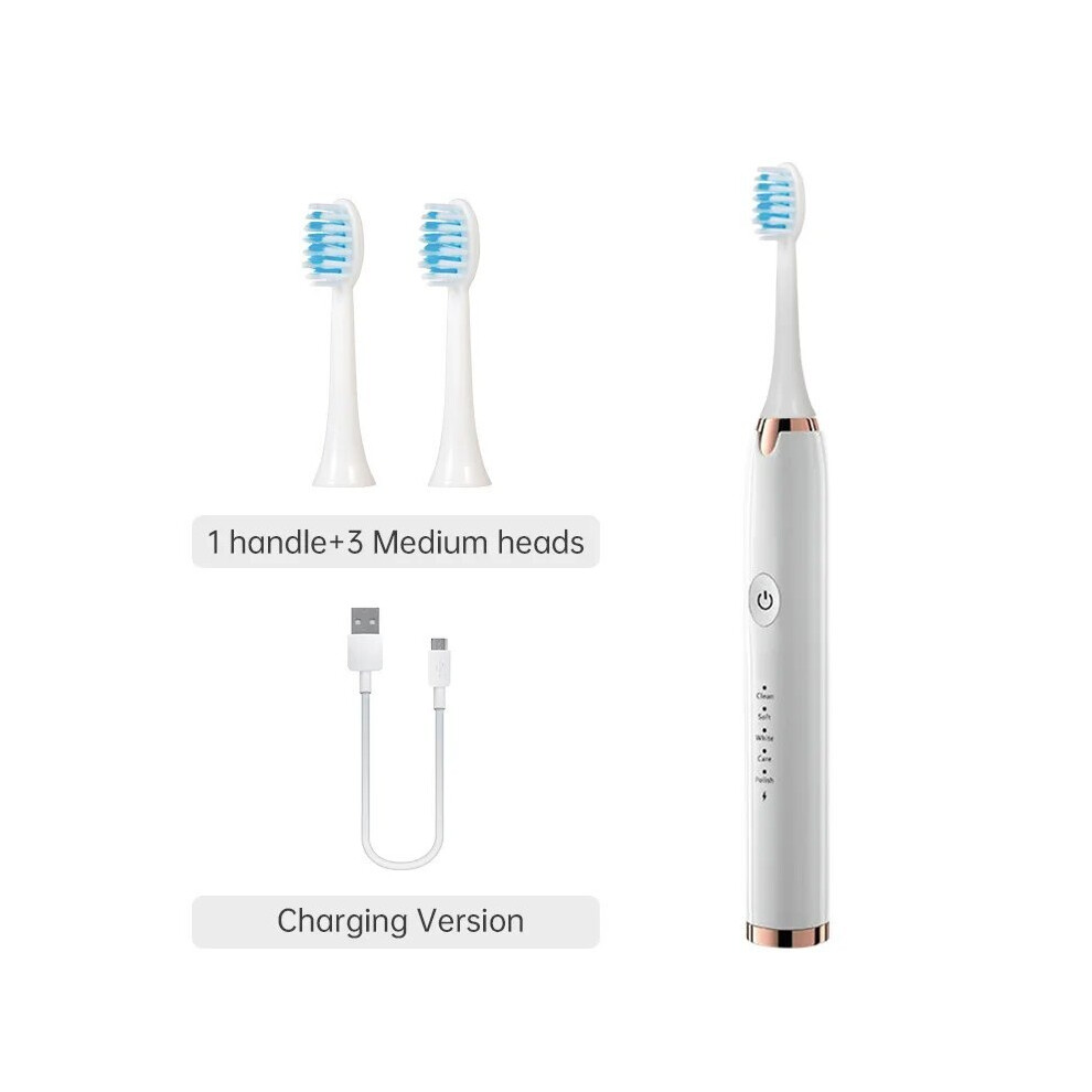 White (, 3 Heads)Tongwode Electric Sonic Toothbrush Usb Rechargeable Waterproof Electronic Ultrasonic
