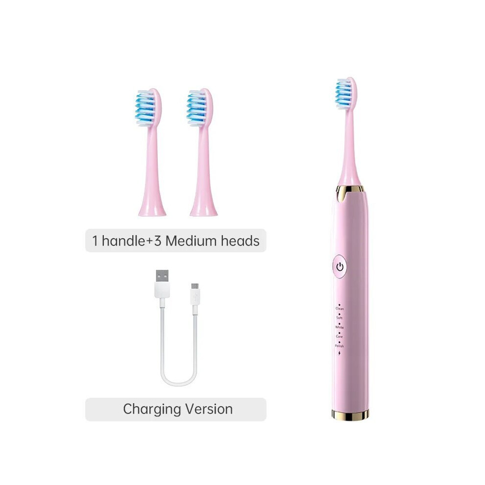 Pink (, 3 Heads)Tongwode Electric Sonic Toothbrush Usb Rechargeable Waterproof Electronic Ultrasonic