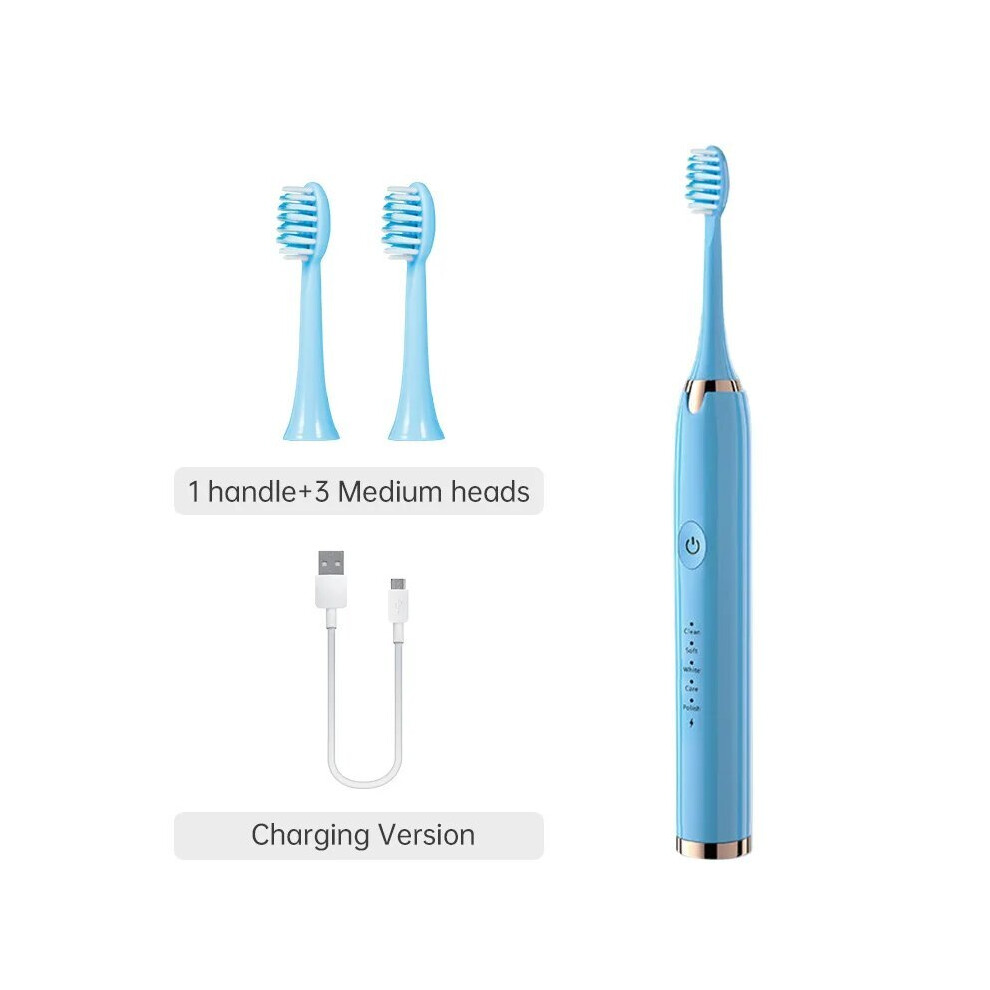 Blue (, 3 Heads)Tongwode Electric Sonic Toothbrush Usb Rechargeable Waterproof Electronic Ultrasonic