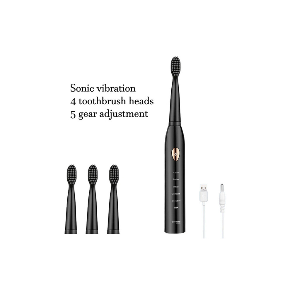 Black ( With 4 Bristles) Rechargeable Sonic Electric Toothbrush Washable Whitening Timer For Men And