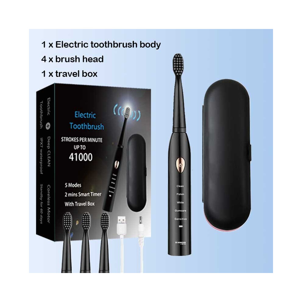 Black/White ( 4Head 1Box)Sonic Electric Toothbrush For Adults And Whitening Timer Soft Hair Ipx7