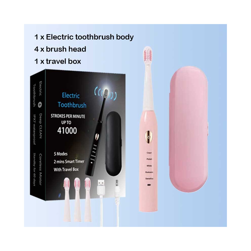 Pink ( 4Head 1Box) Rechargeable Sonic Electric Toothbrush Washable Whitening Timer For Men And Women