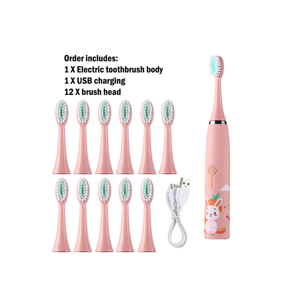 (Pink 12 heads) Sonic Children's electric toothbrush with 12 brush heads IPX7 Waterproof ultrasonic