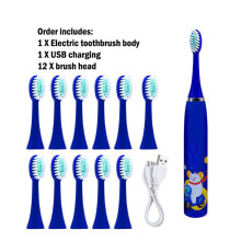 (Azul 12 cabezales) Cepillo de dientes eléctrico sónico para niños con 12 cabezales IPX7 impermeable