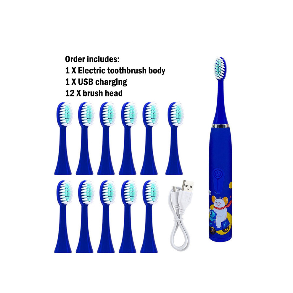 Blue ( 12 Heads)Sonic Children's Electric Toothbrush With 12 Brush Heads Ipx7 Waterproof Ultrasonic Rechargeable